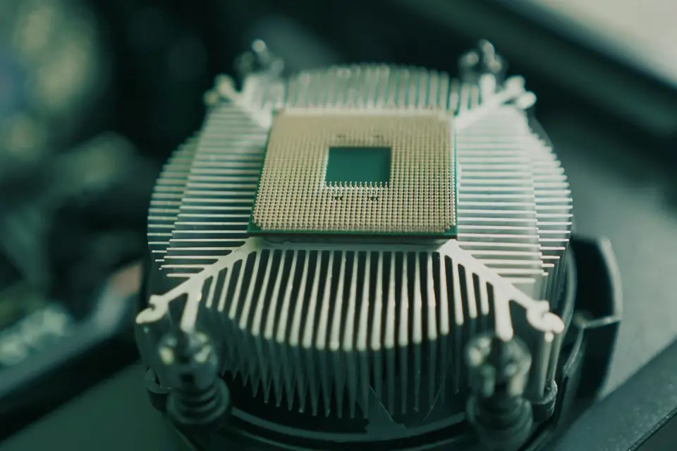 A processor seated on a finned aluminium cooler