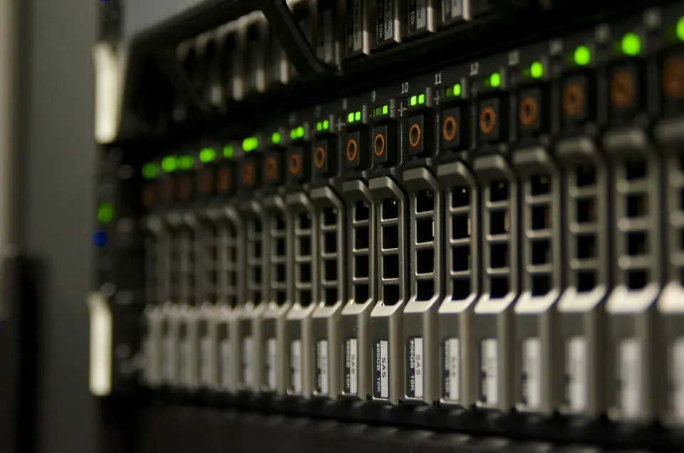 Rack servers with drive bays and green status lights